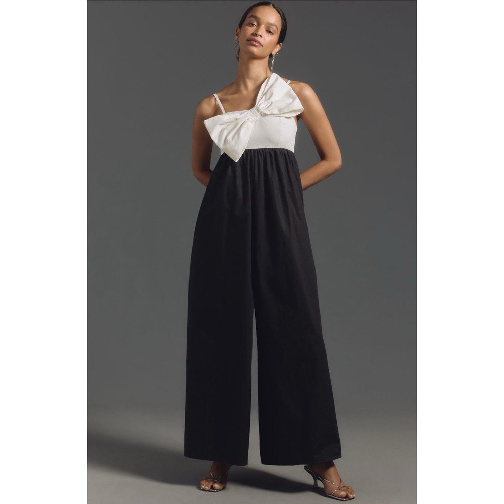 Anthropologie Black & White One-Shoulder Bow Jumpsuit